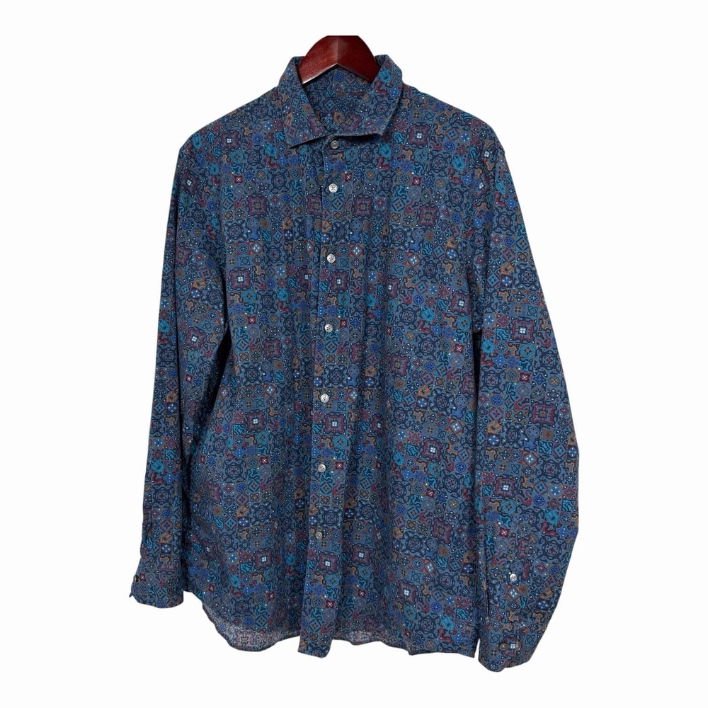 Tasso Elba Geo Design Shirt Mens XL Blue Long Sleeve Button Up Patterned Casual - Picture 2 of 9